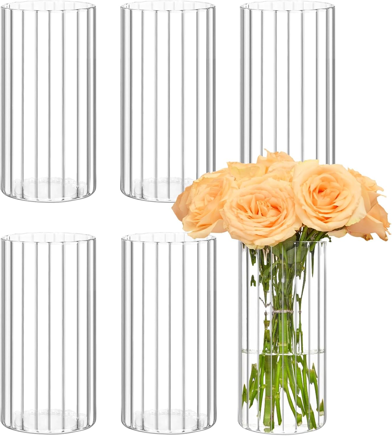 6 Pcs Clear Glass Cylinder Vases Set 8 Inch Tall for Centerpieces and Decorations