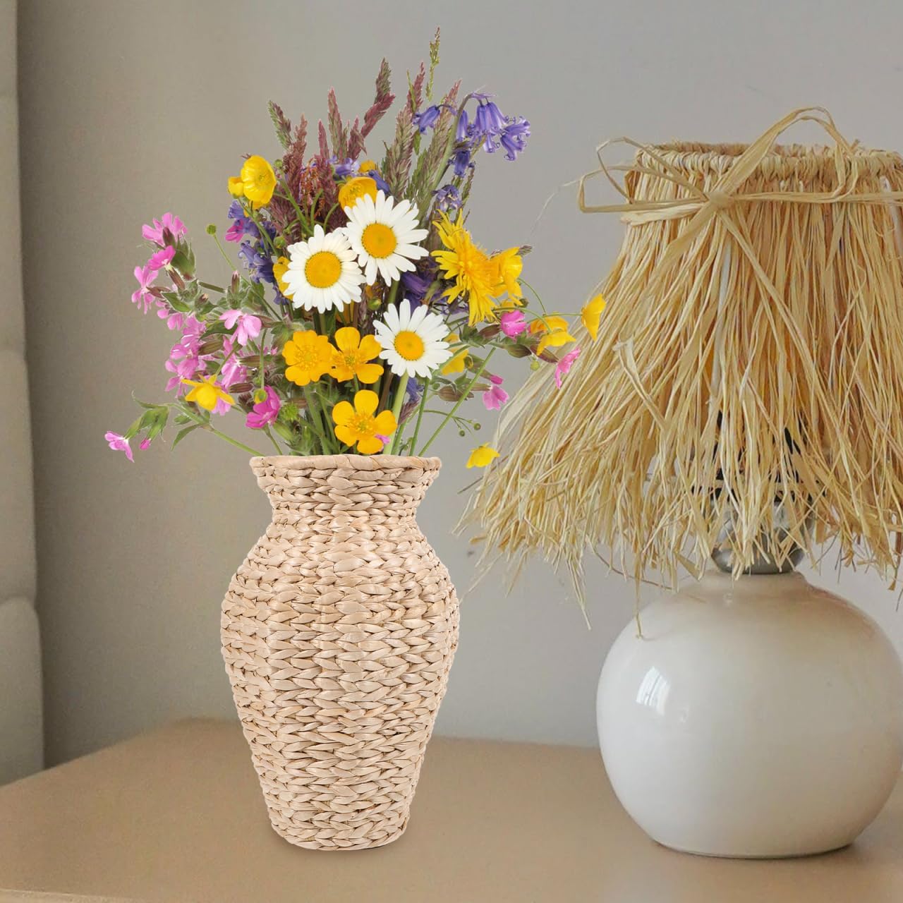 VOSAREA Woven Grass Flower Vase with Rattan Design for Home and Wedding Decor