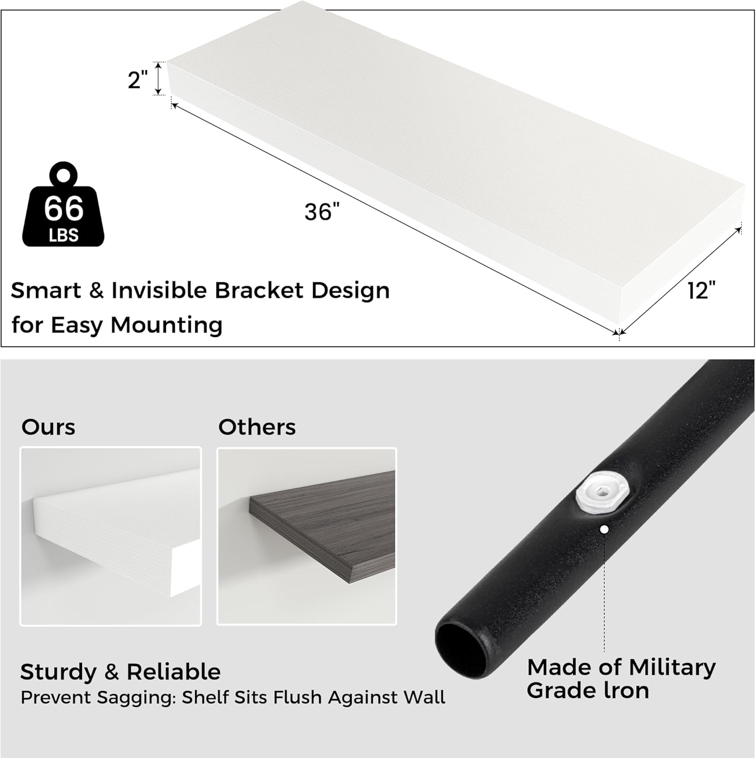 Venusmiles 36 Inch White Floating Wall Shelf