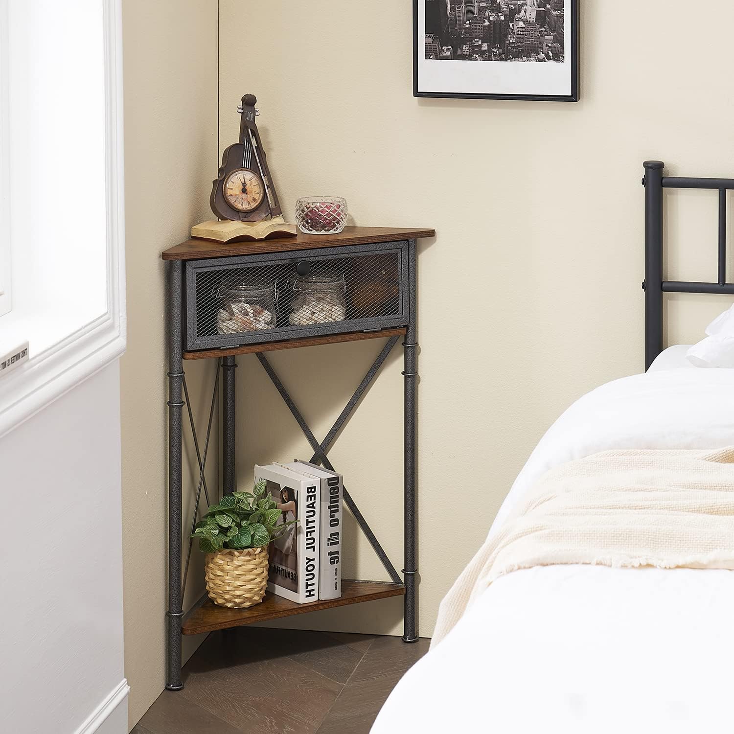 VECELO Corner Table Shelf with 3 Tier Brown Storage