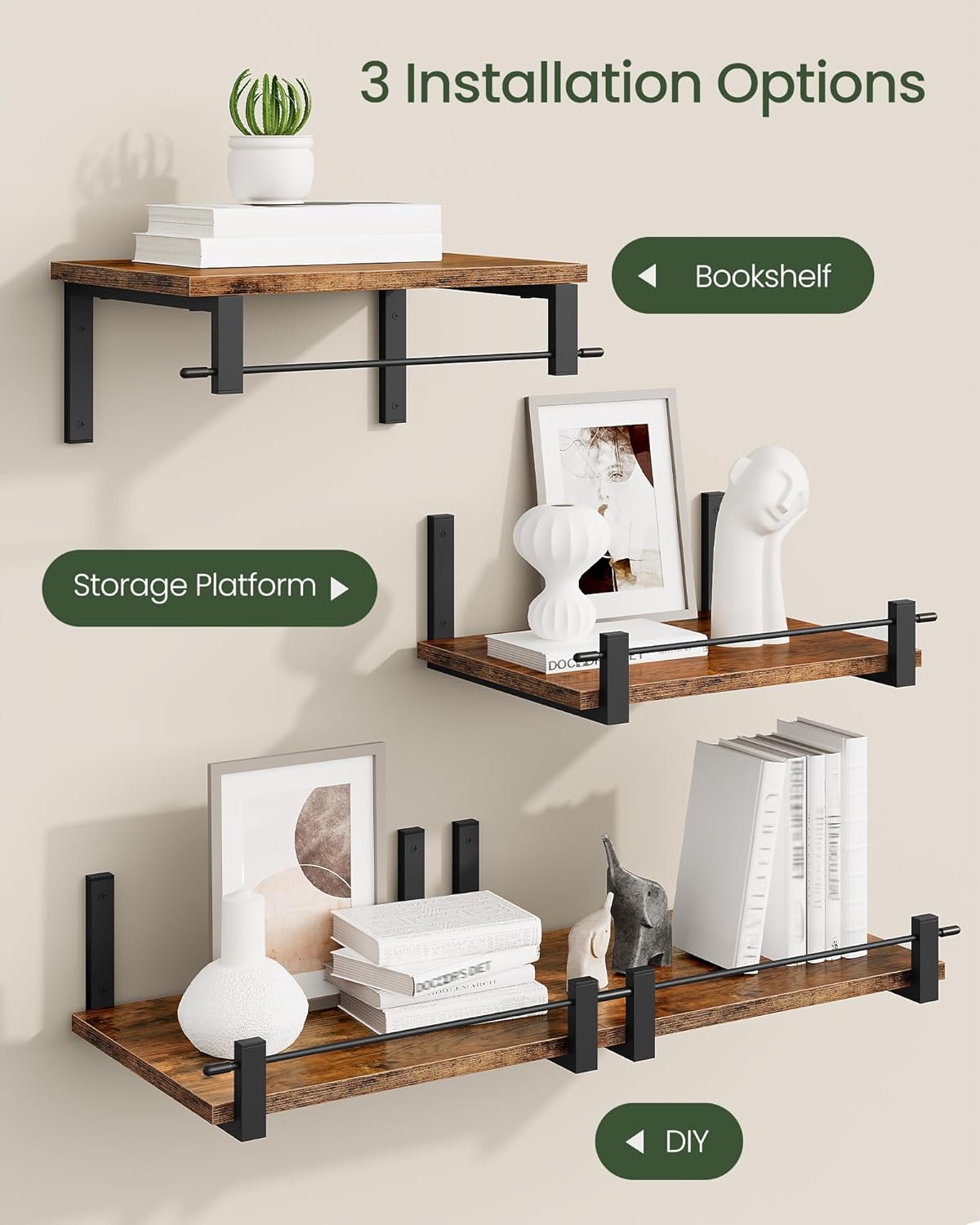 Floating Shelves Set of 2 12 Inch Deep Rustic Brown and Black