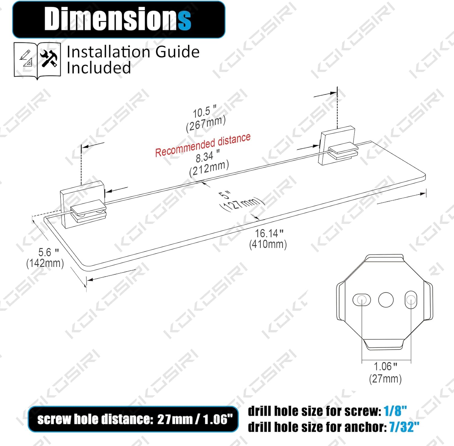 KOKOSIRI Floating Tempered Glass Shelf 16x56 Inch
