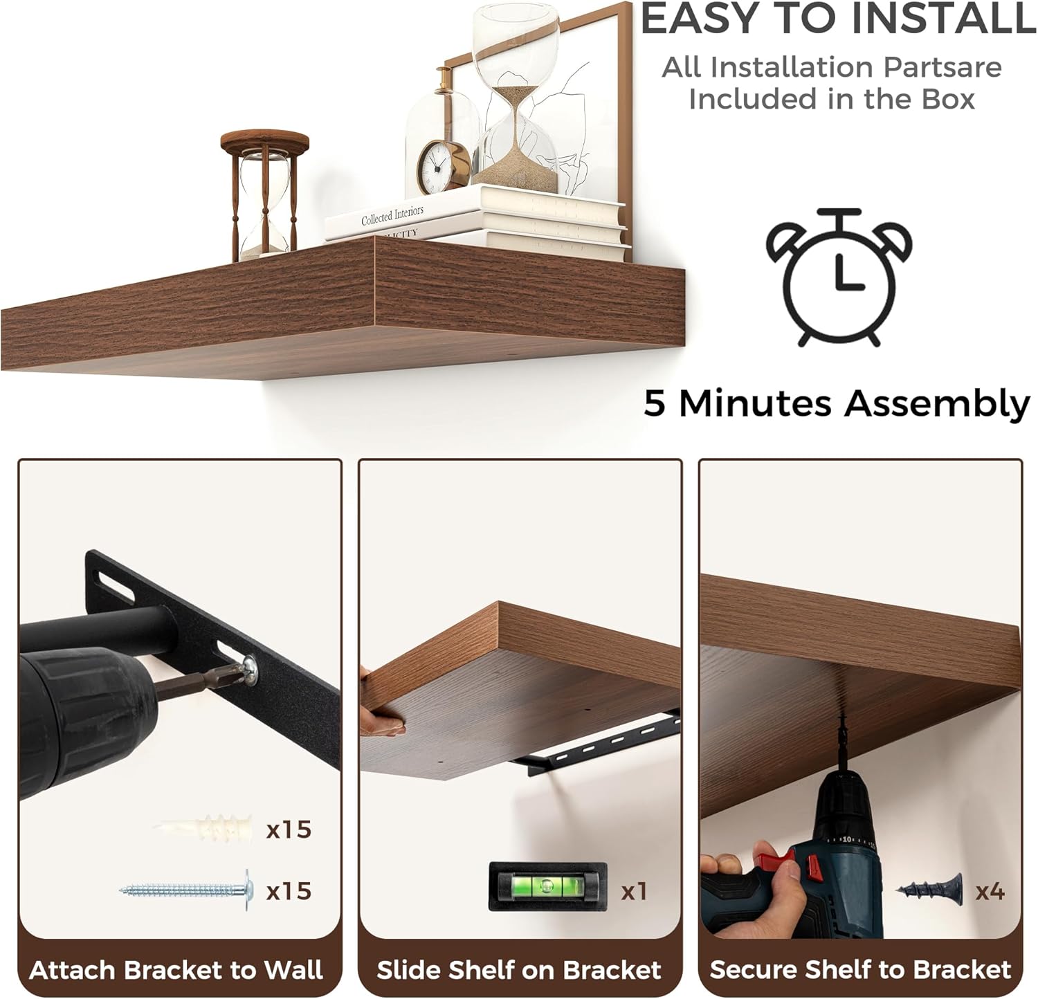 Venusmiles Floating Shelf 72x12 Inch Walnut Wall Mount
