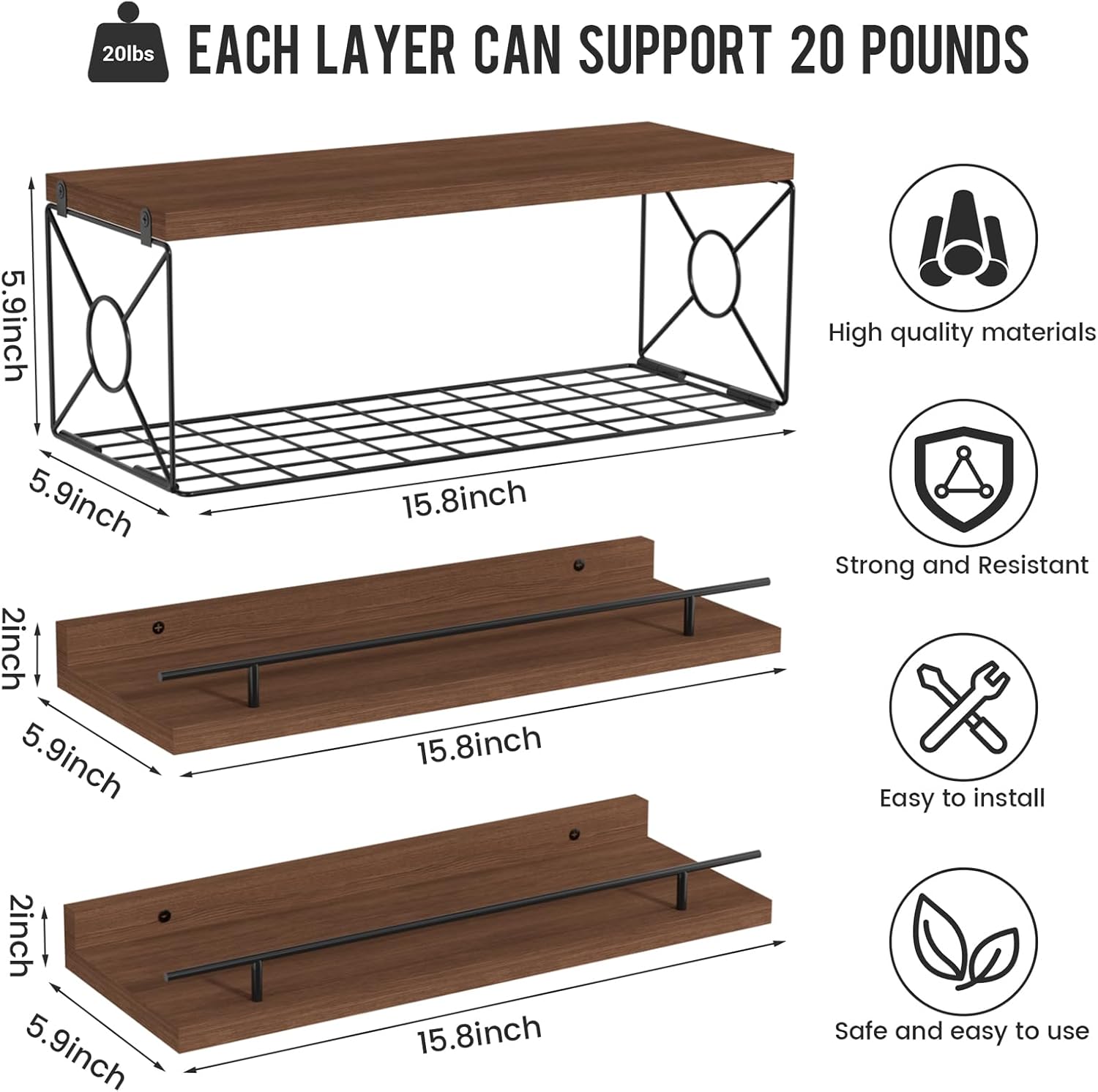 Floating Shelf Set of 3 for Wall Dcor Brown