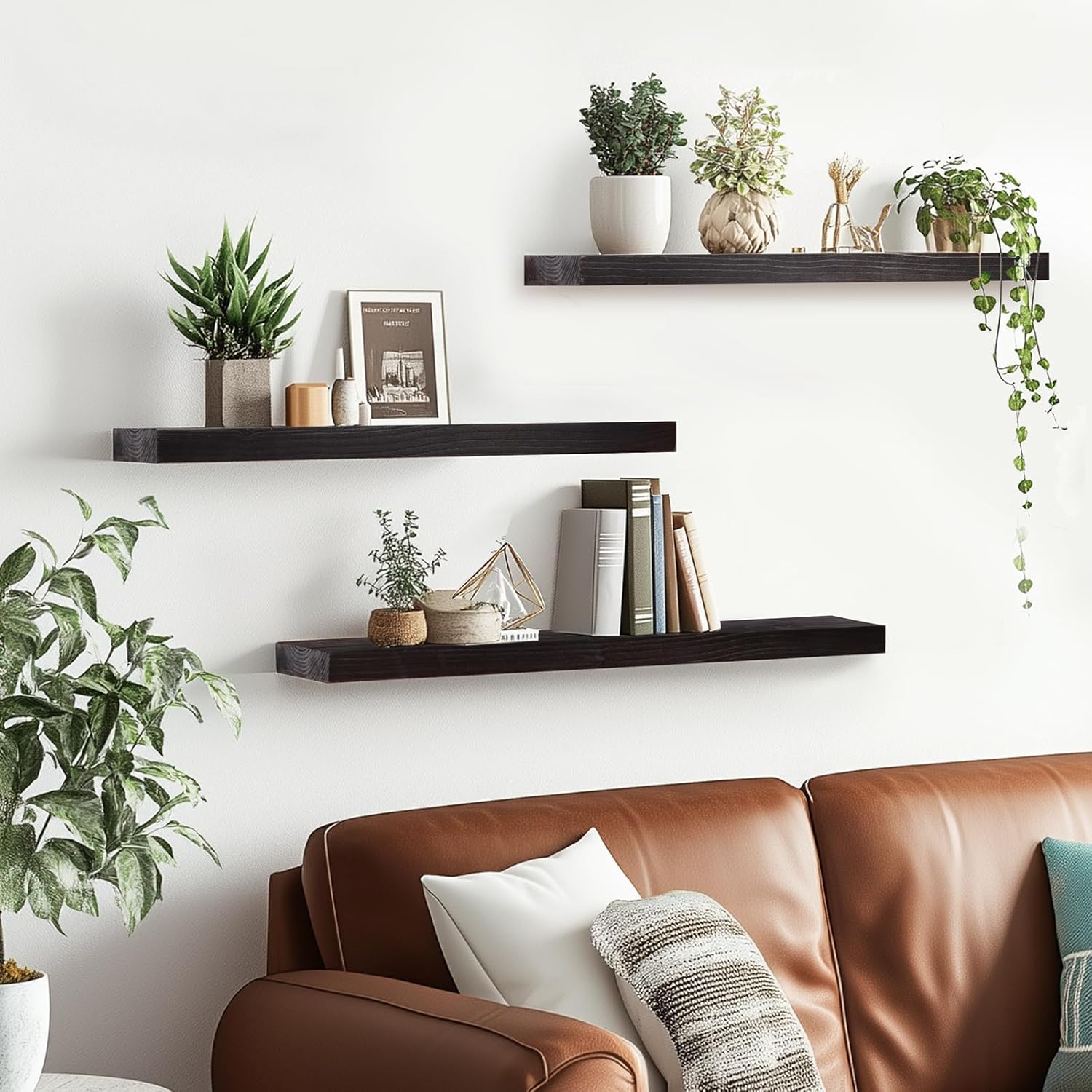 Floating Wall Shelves 3-Pack - 24 Inch Rustic Black Wooden Shelves for Space Saving Storage and Dcor
