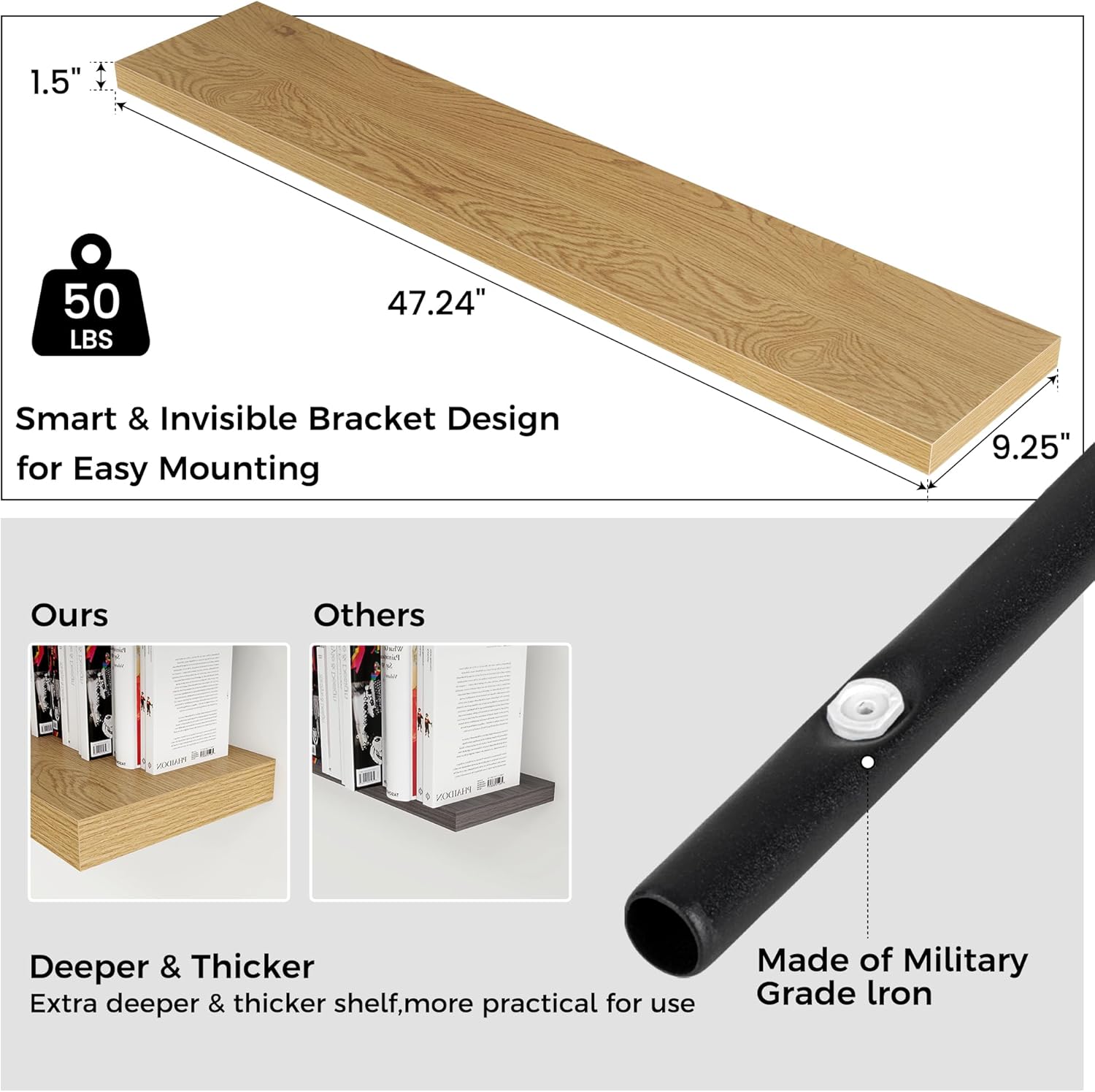 Invisible Bracket Floating Shelves 48W x 9D x 15H 1 Pack