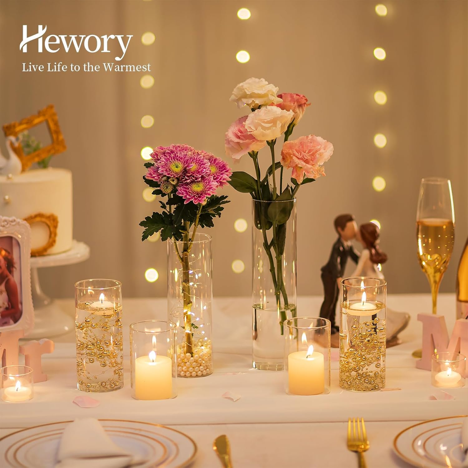 Hewory Clear Glass Cylinder Vases Set of 12 with Pearl String for Centerpieces