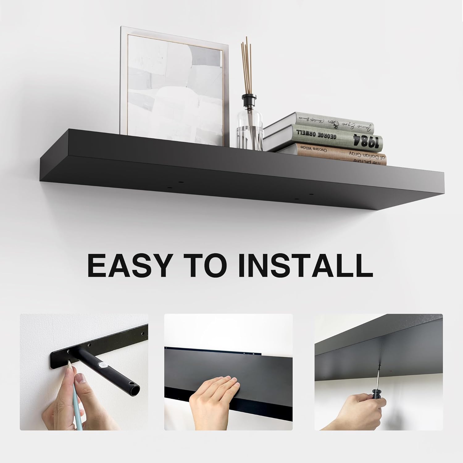 Colima Floating Wall Shelves Set of 3 Black Wood