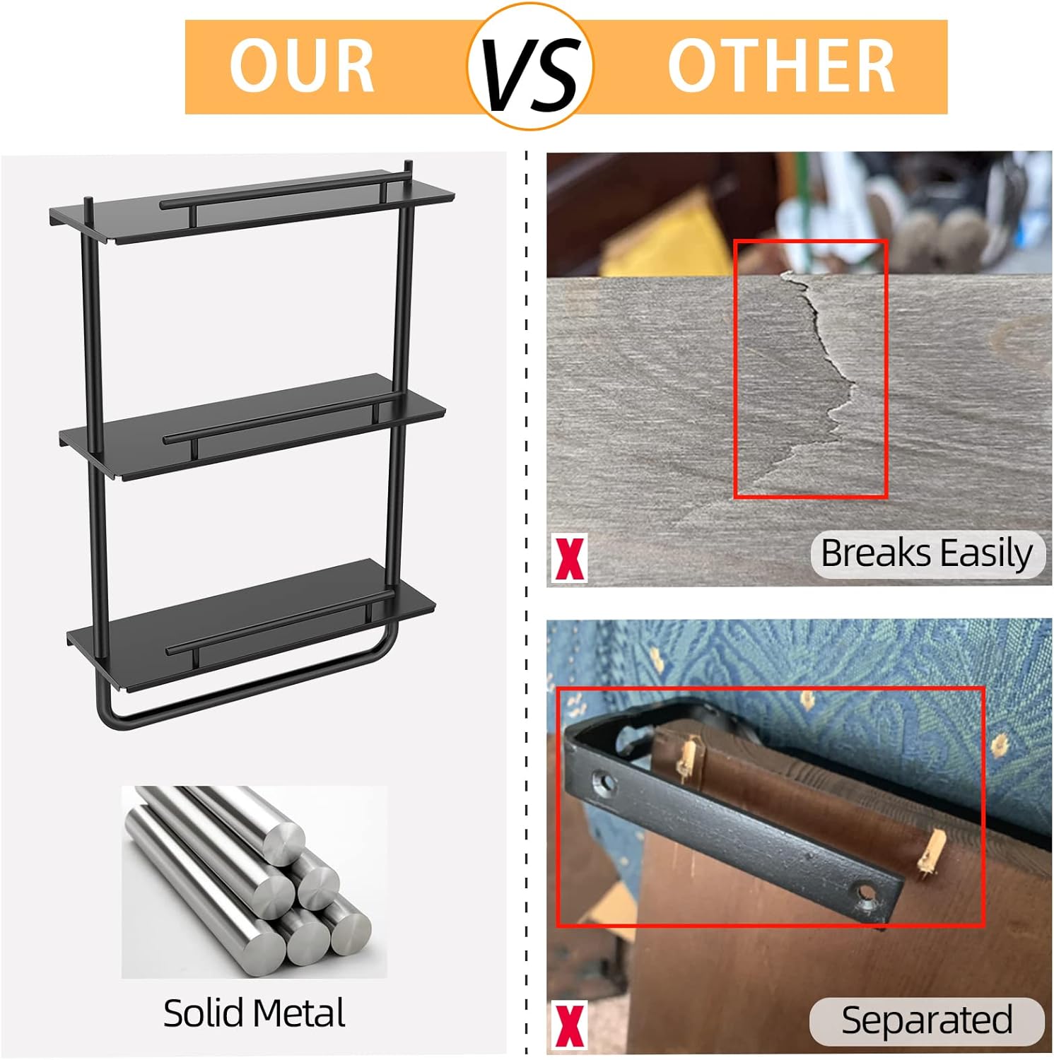 3 Tier Floating Shelves Black with Frame and Towel Rack