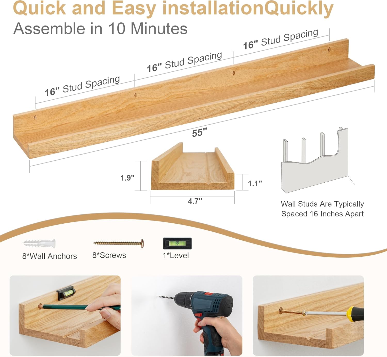 Floating Picture Ledge Shelves Set of 2 Solid Oak