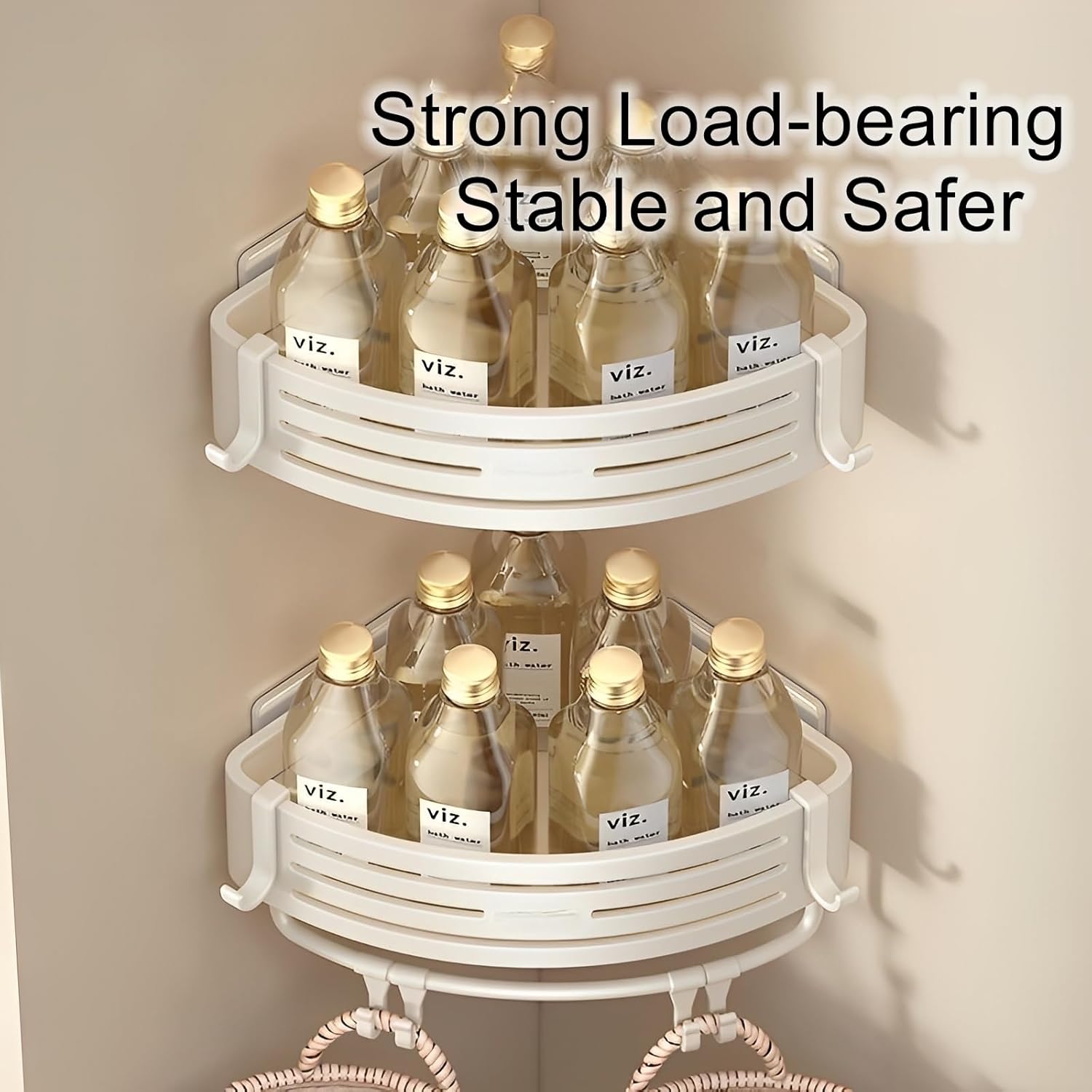 Corner Triangle Shower Shelves with Hooks Rust Resistant Storage Shelf for Bathroom and Kitchen Creamy White