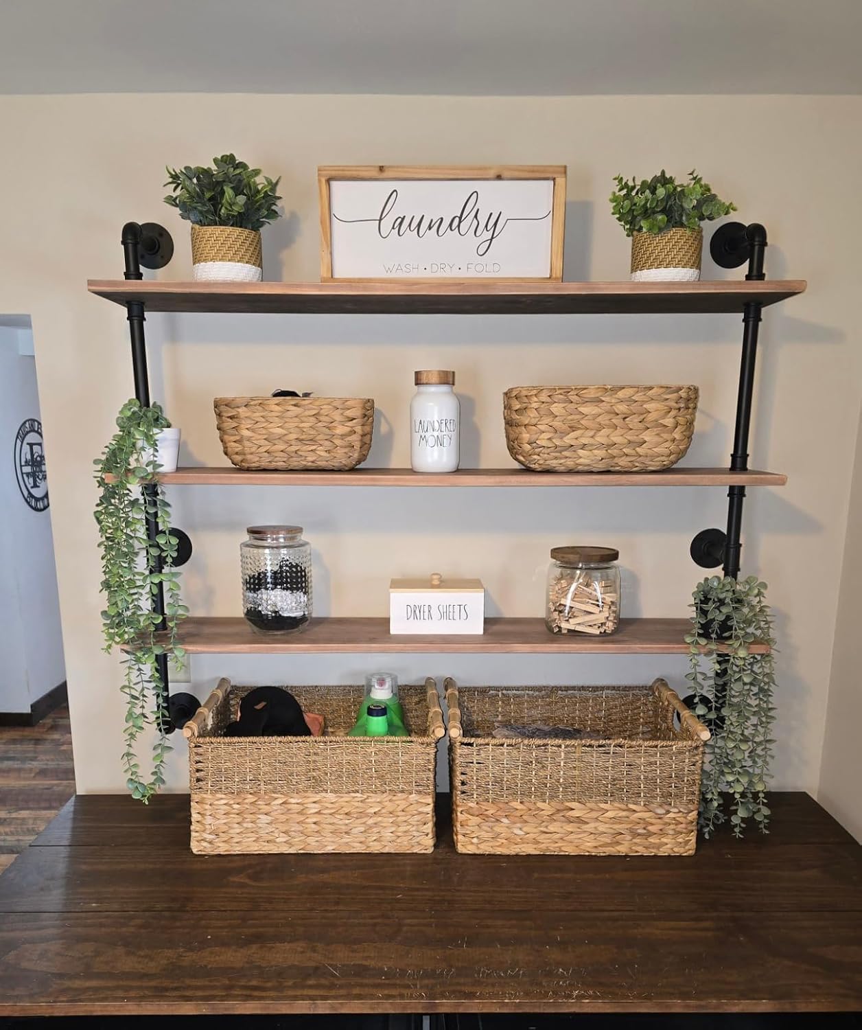 Industrial Pipe Floating Shelf with Solid Wood 48 Inch Wall Mount