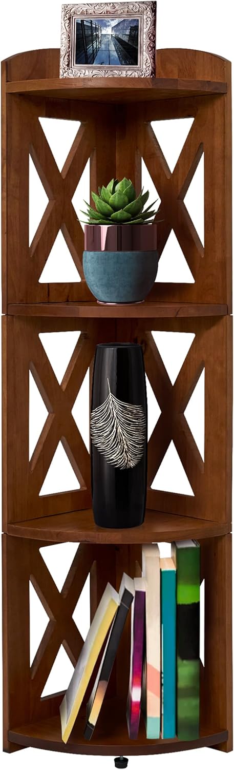 NHZ Corner Shelf Stand 4 Tier Natural Wood Bookshelf and Plant Stand Brown