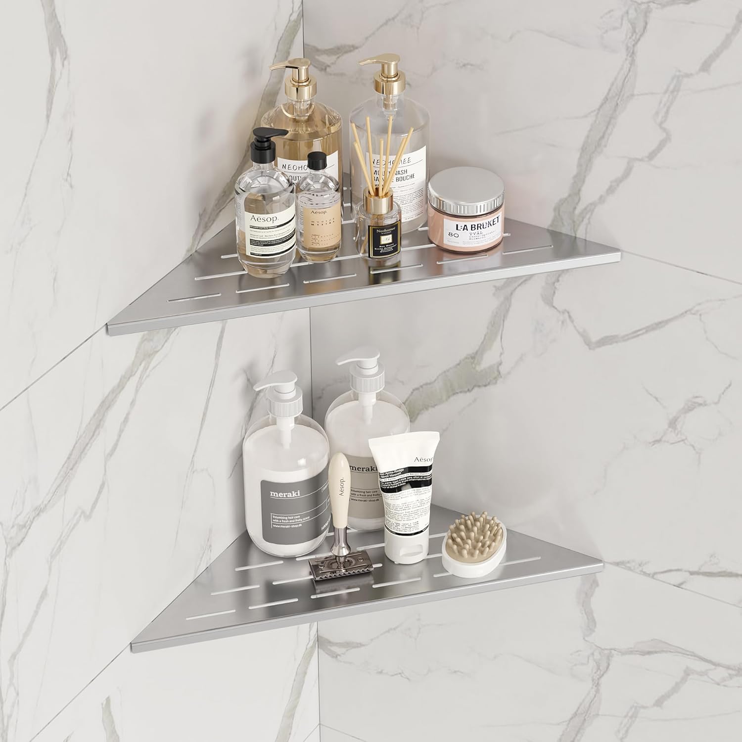 Neodrain 10 Inch Brushed Steel Corner Shelf Set of 2 No Drilling