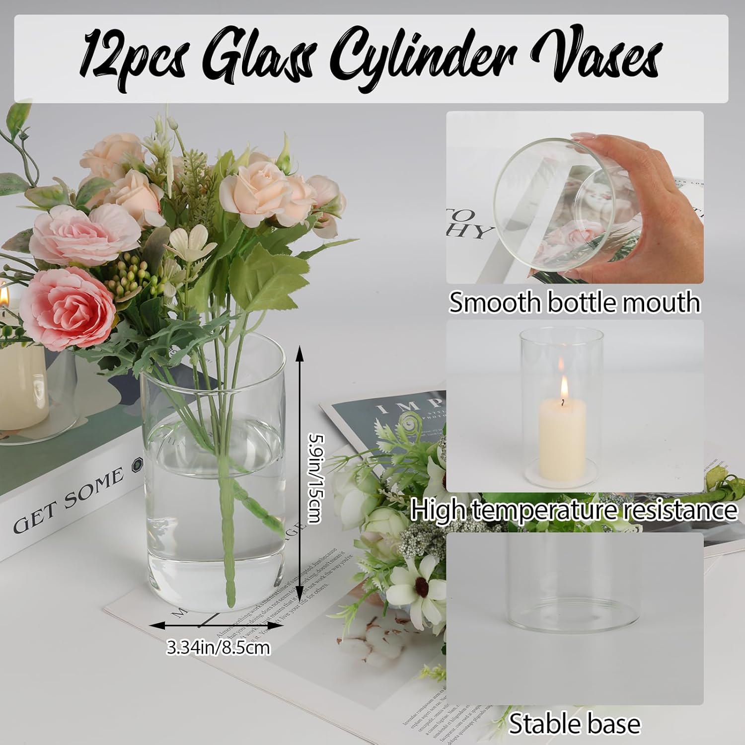12pcs Clear Glass Cylinder Vases for Centerpieces and Decorations