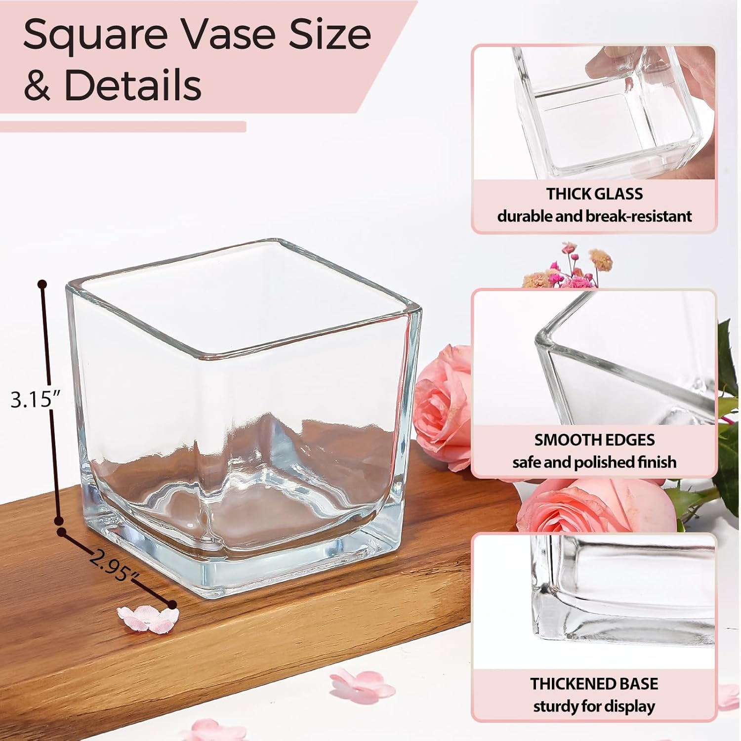 CONNOO 12 Pack Clear Square Glass Vases 3x3x3 for Centerpieces and Decor