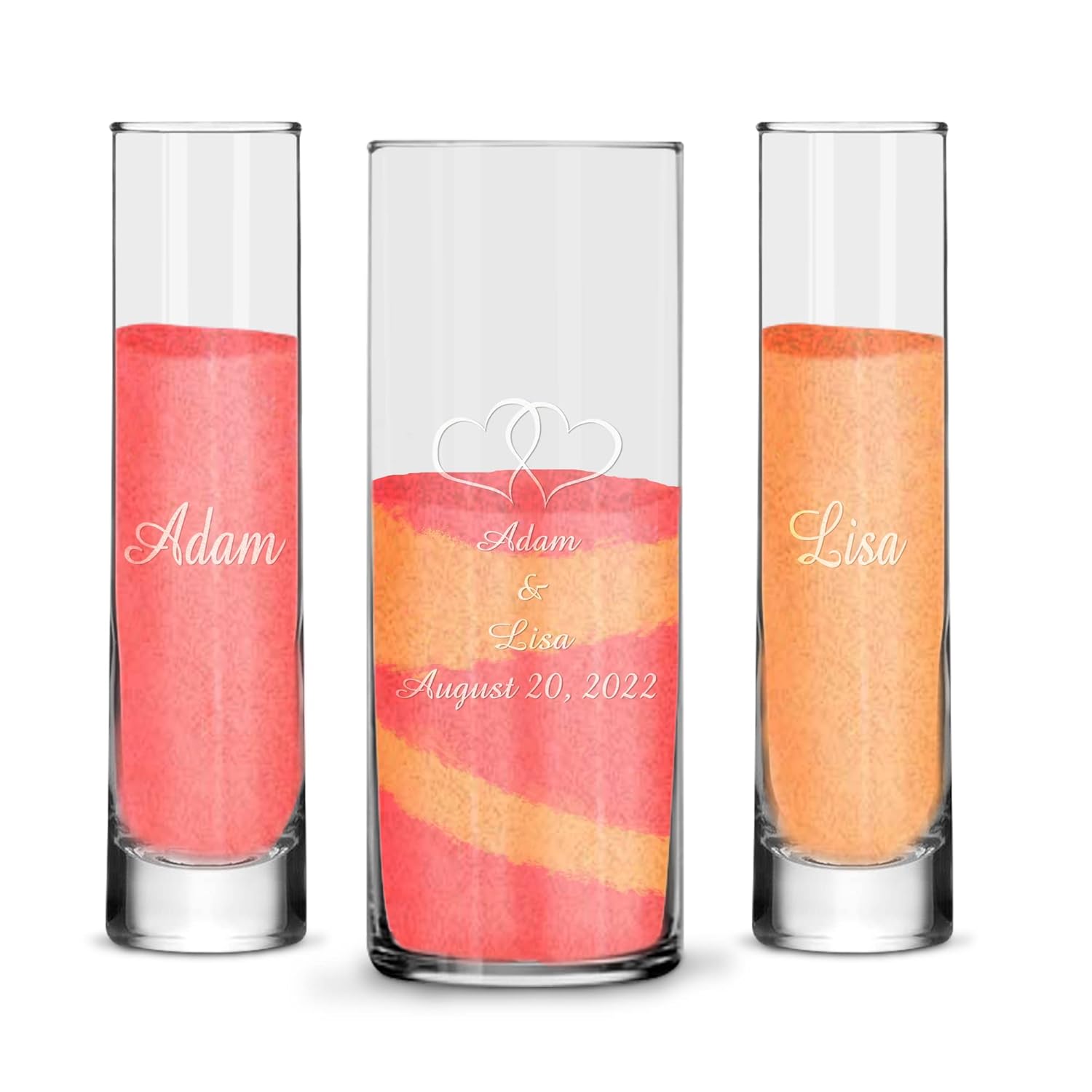 Personalized Unity Sand Ceremony Set with Double Heart Vases