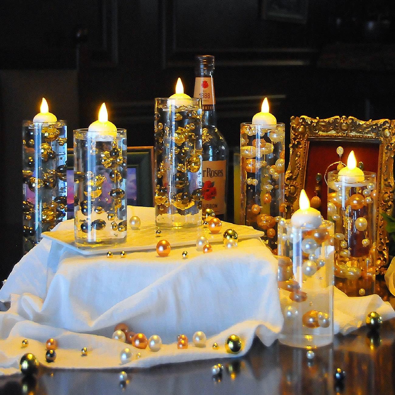 6 Set Glass Cylinder Vases with Floating Candles and Water Filler Beads