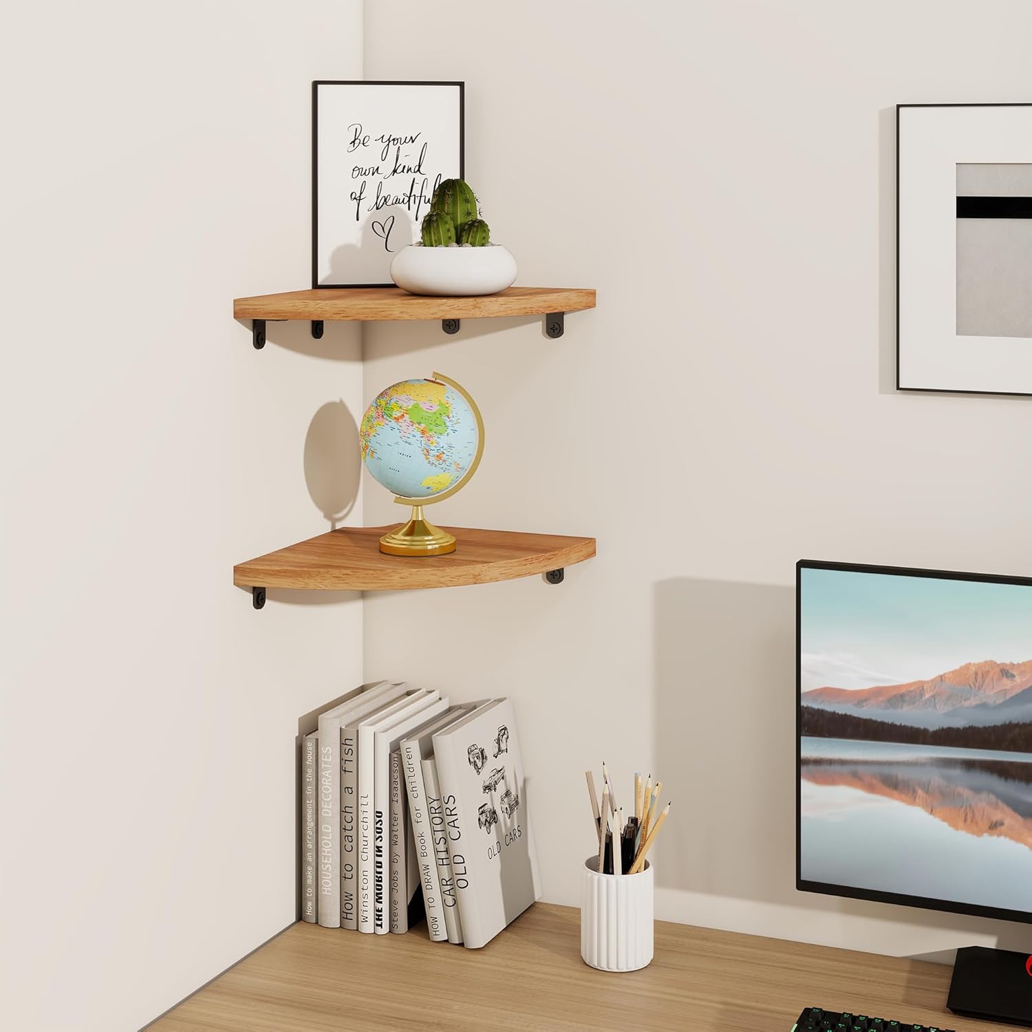 Fun Memories Corner Shelf Wall Mount Solid Oak Floating Shelves with Cable Hole 85in Rustic Design for Home Use