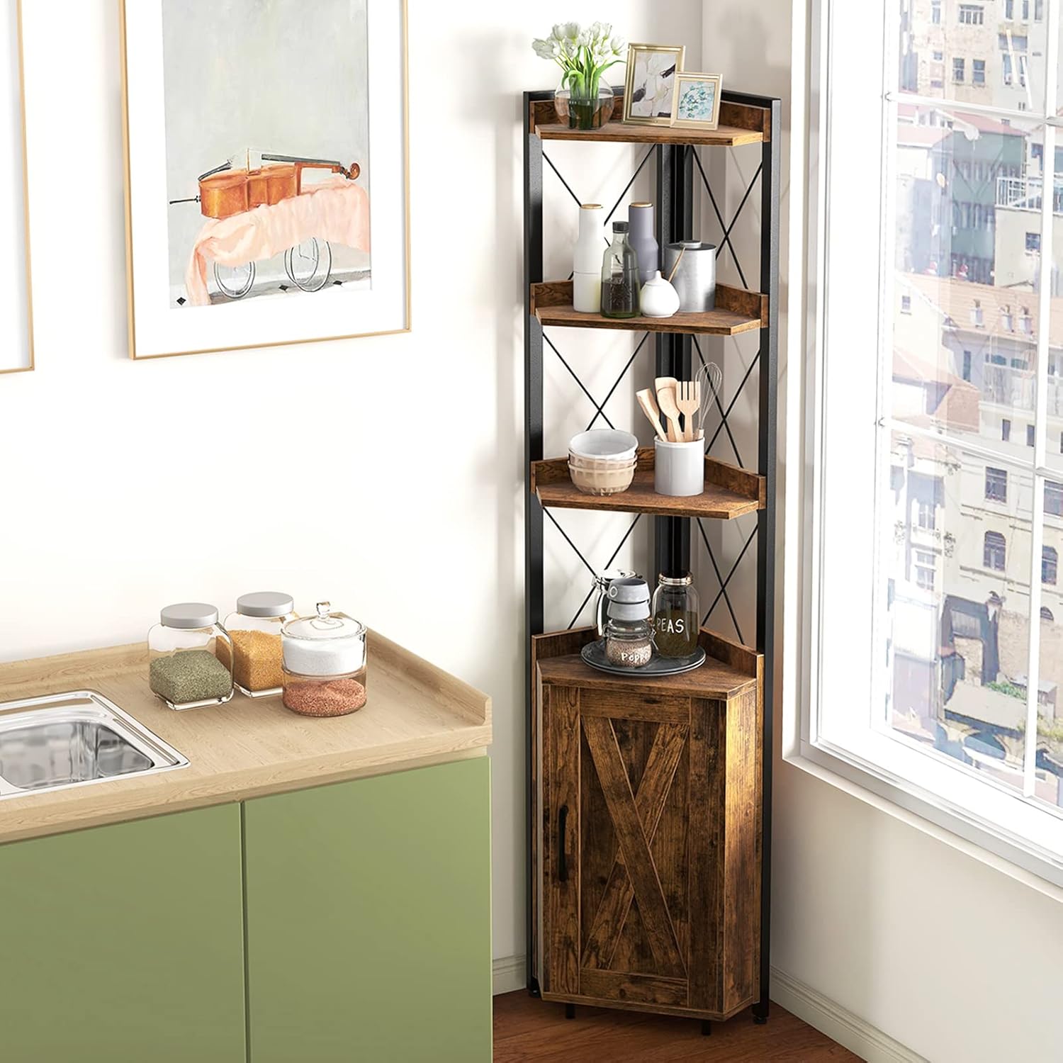 LOKO 71 Inches Tall Corner Shelf with 4 Tiers and Storage Cabinet