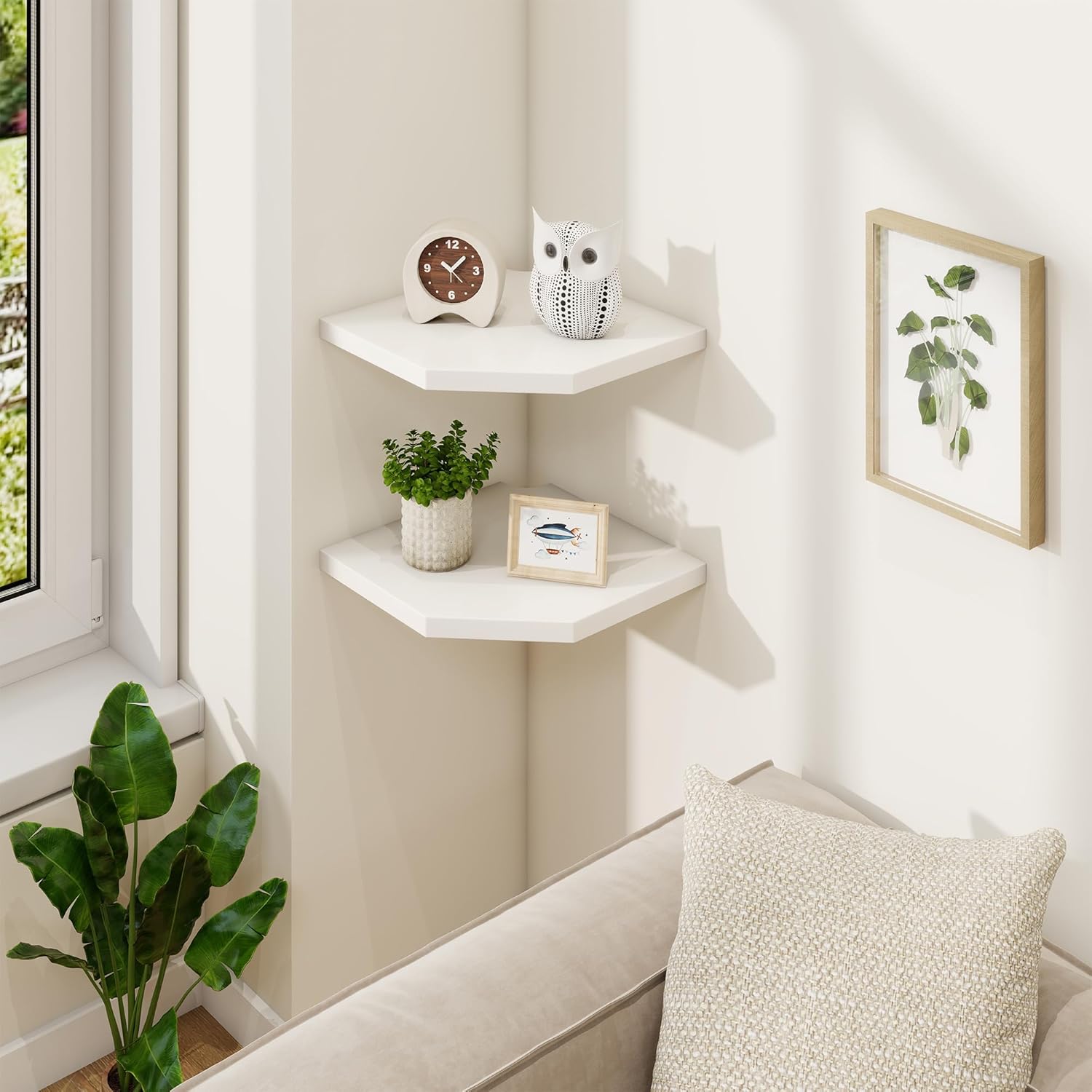 Fun Memories Corner Shelf Wall Mount Solid Oak Floating Shelves with Cable Hole 10in Rustic Design