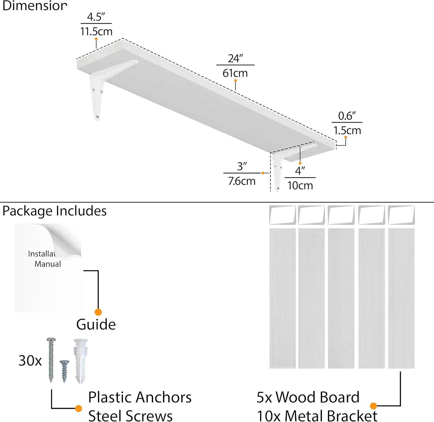 Wallniture Arras 24 Inch White Floating Shelves Set of 5