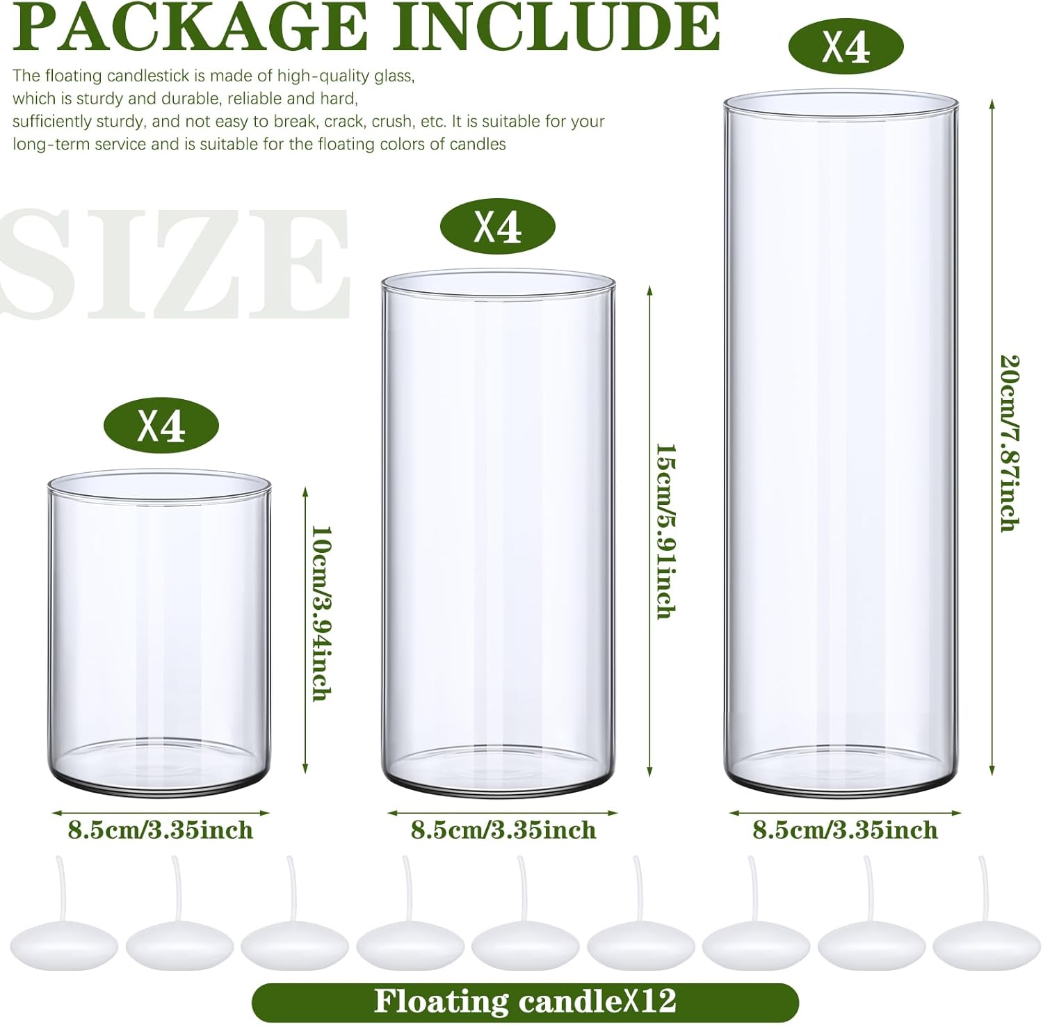 Jinei 12 Pack Glass Cylinder Vases with Floating Candles Set