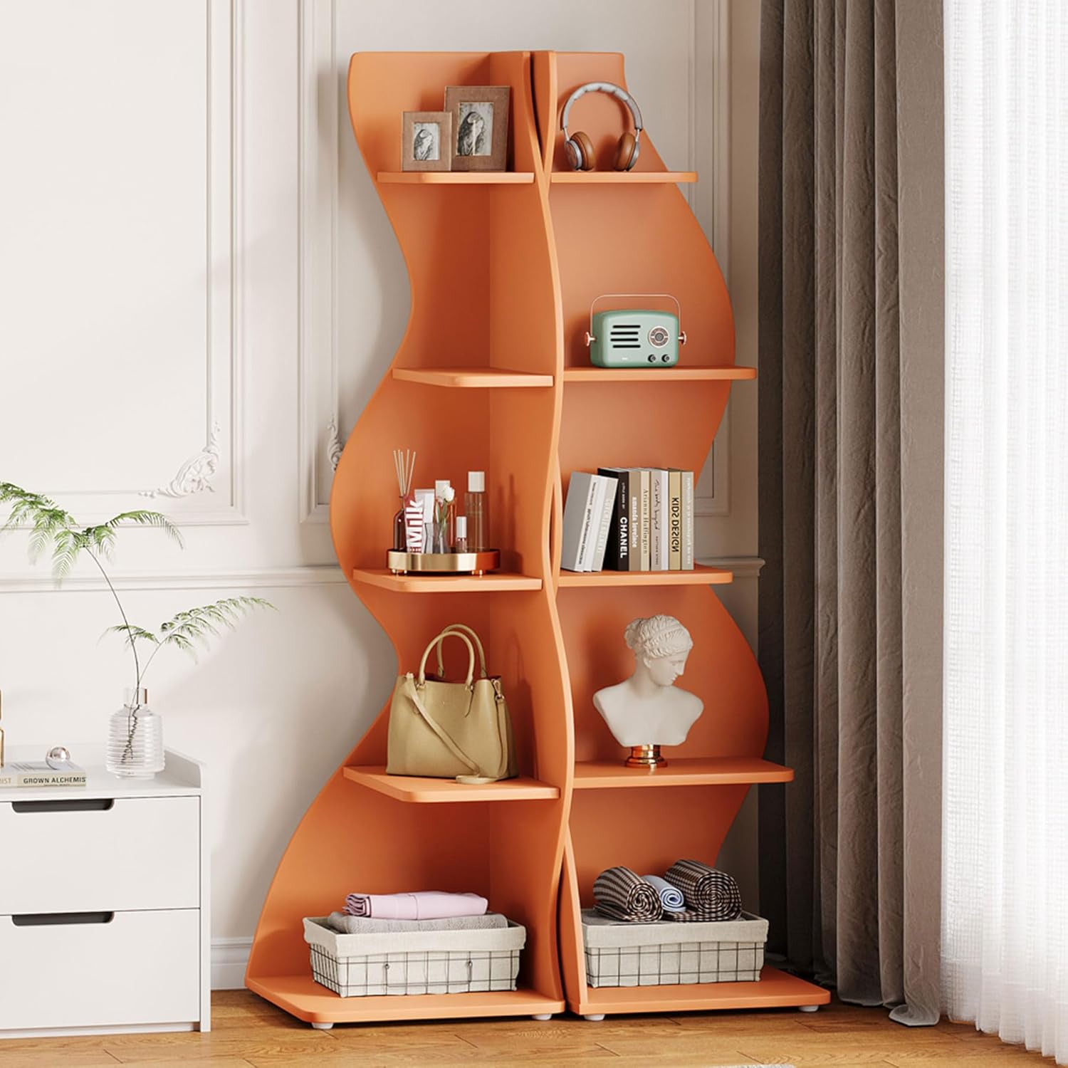 Tribesigns Wavy Corner Shelf Set of 2 Modern 5-Tier Bookshelf with Curvy Shape