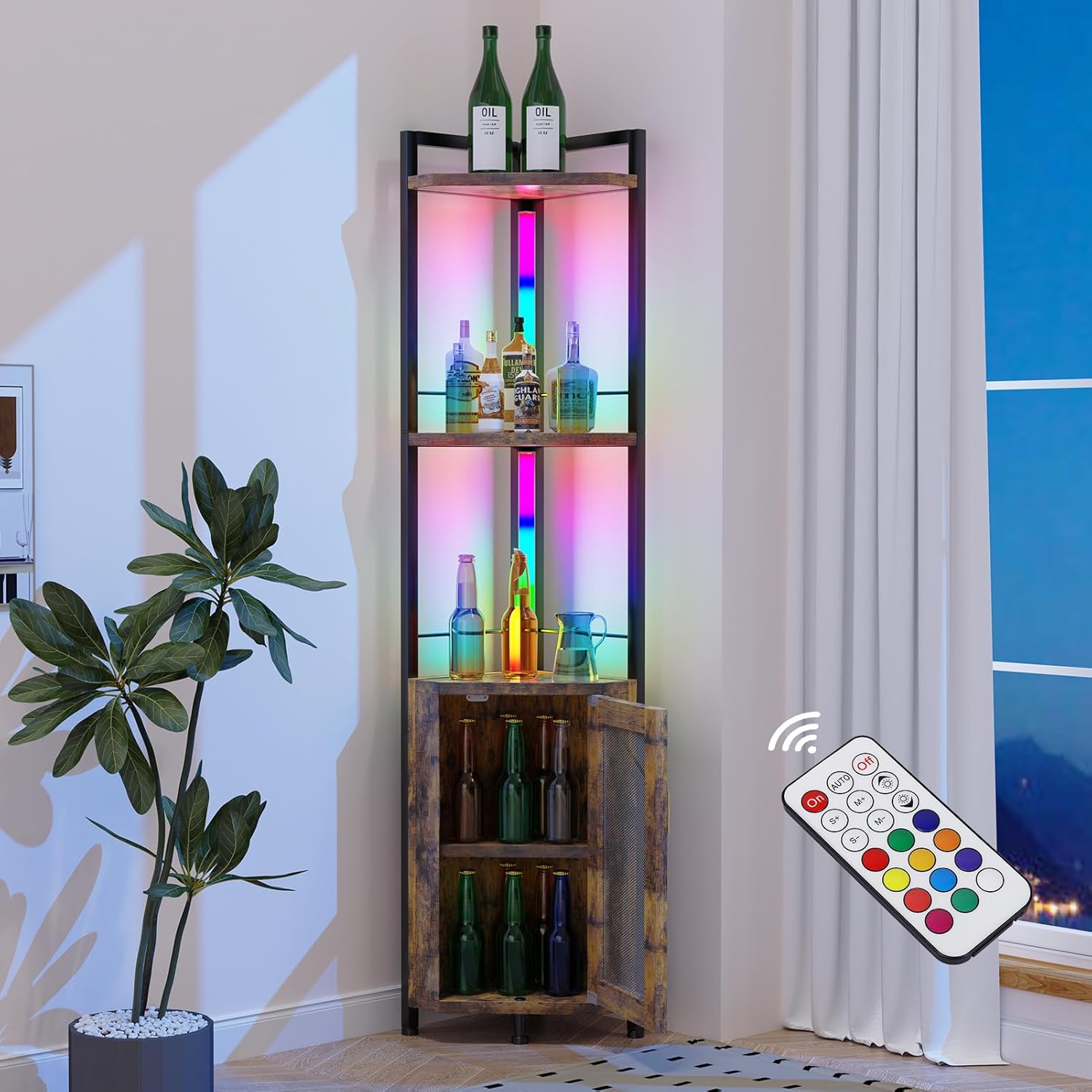 RGB Light Bar Iron Wood Corner Shelf Stand