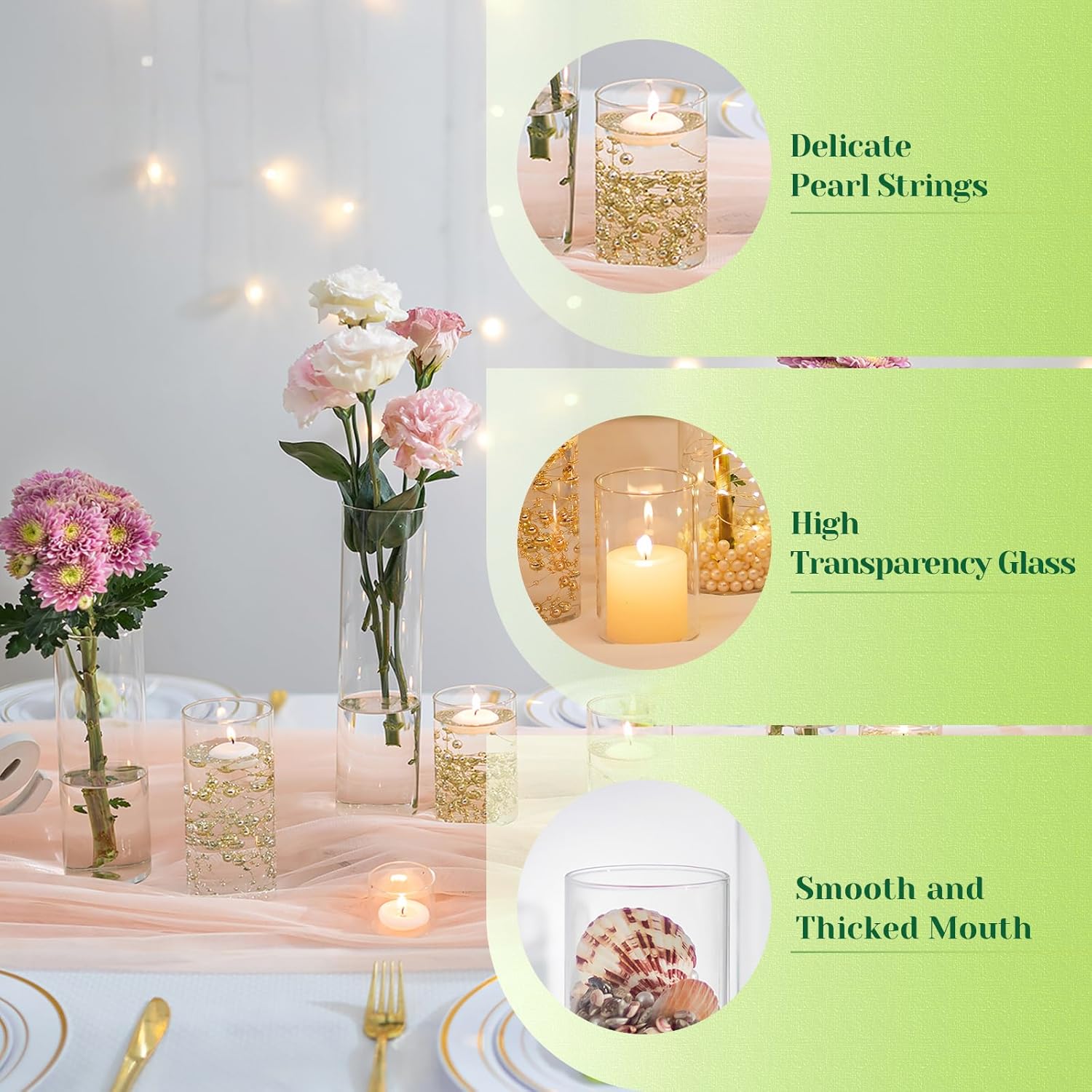 Hewory Clear Glass Cylinder Vases Set of 12 with Pearl String for Centerpieces