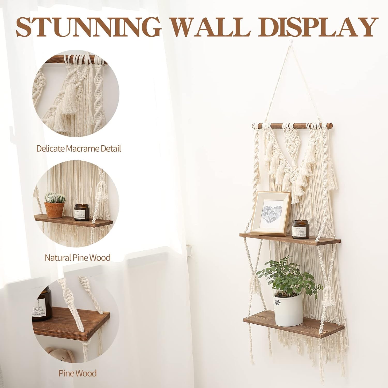 ANROYE 2 Tier Boho Wall Hanging Shelf
