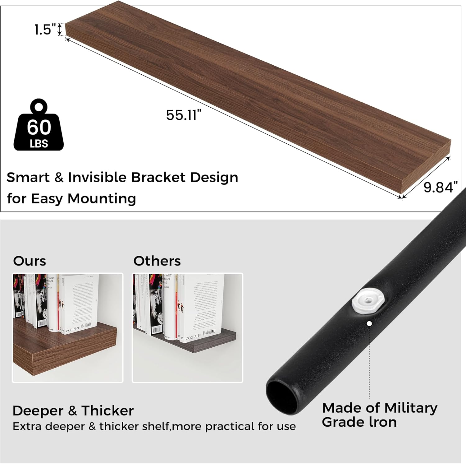 Venusmiles 55W x 10D Floating Wall Shelf Walnut