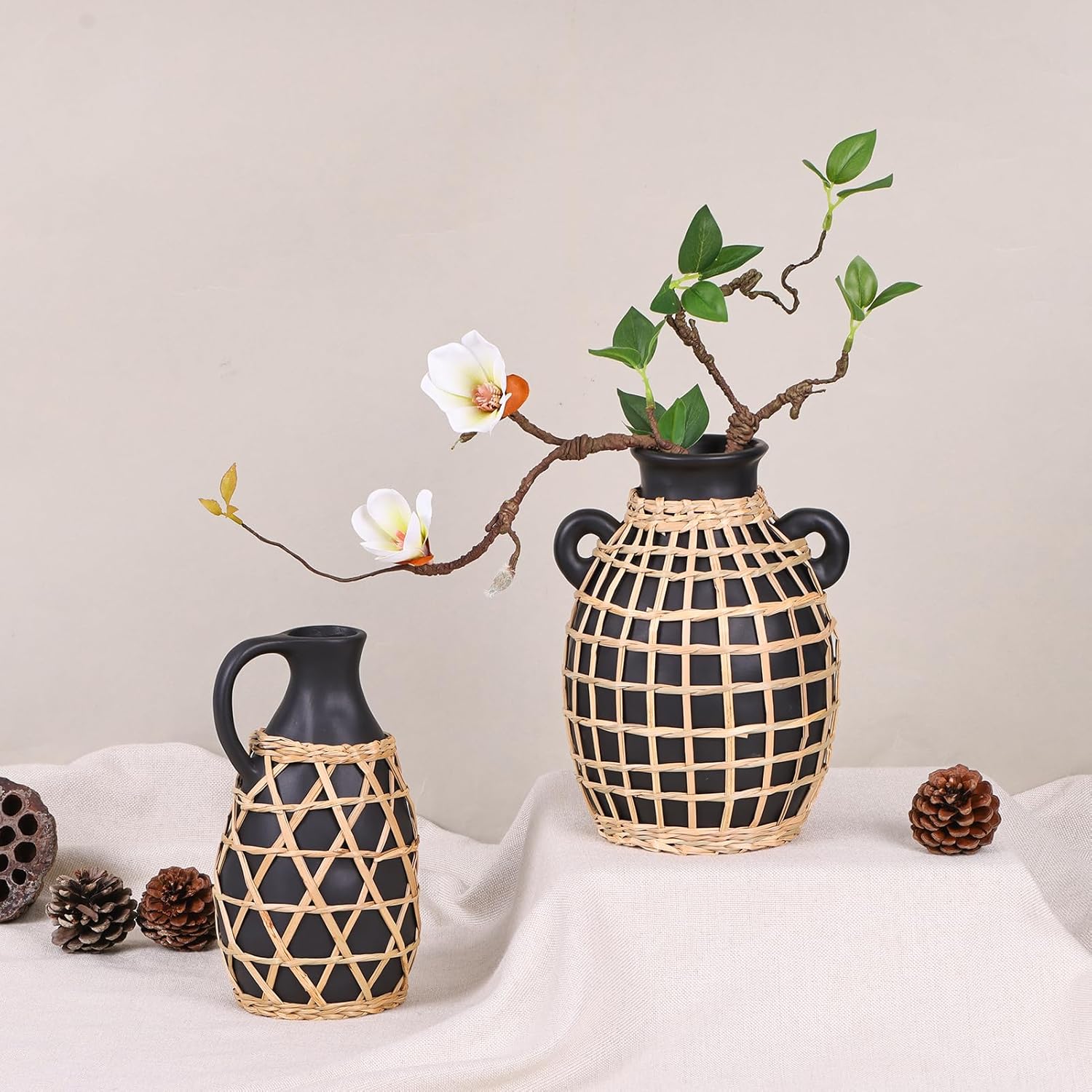 Rustic Farmhouse Hand Woven Ceramic Vase for Dried Pampas Flowers