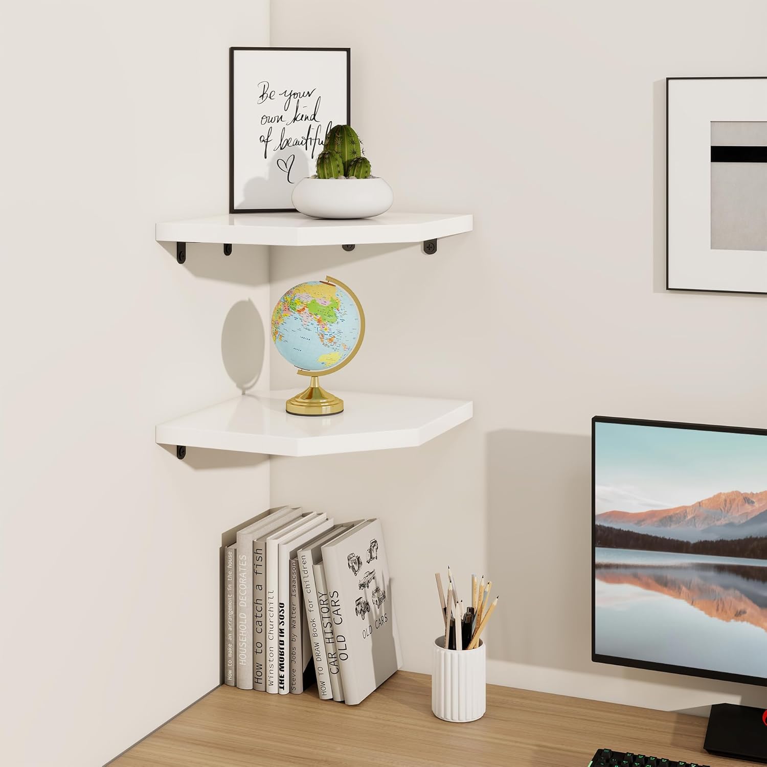 Fun Memories Corner Shelf Wall Mount Solid Oak Floating Shelves with Cable Hole 10in Rustic Design