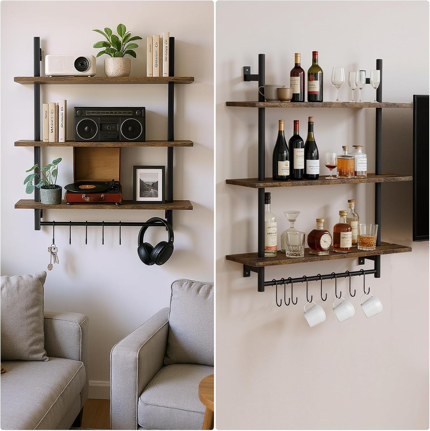 3 Tier Floating Wall Shelves with Towel Bar for Kitchen and Bathroom