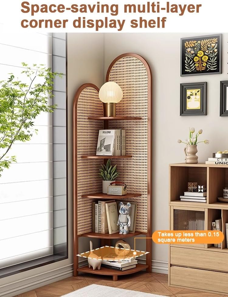 Miusocal Rattan Corner Bookshelf with 5 Tier Storage