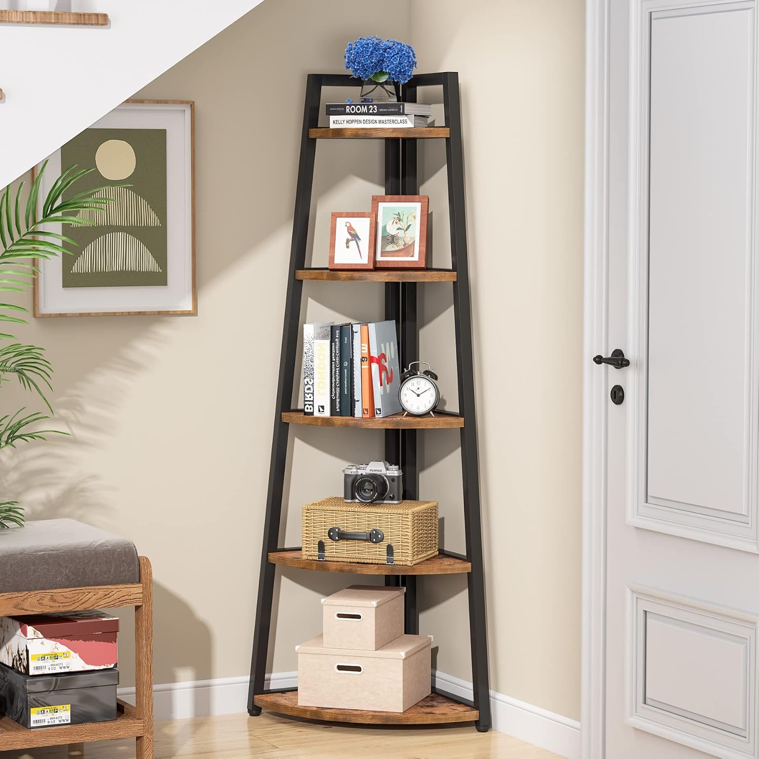 LITTLE TREE 5 Tier Tall Corner Bookshelf for Small Space