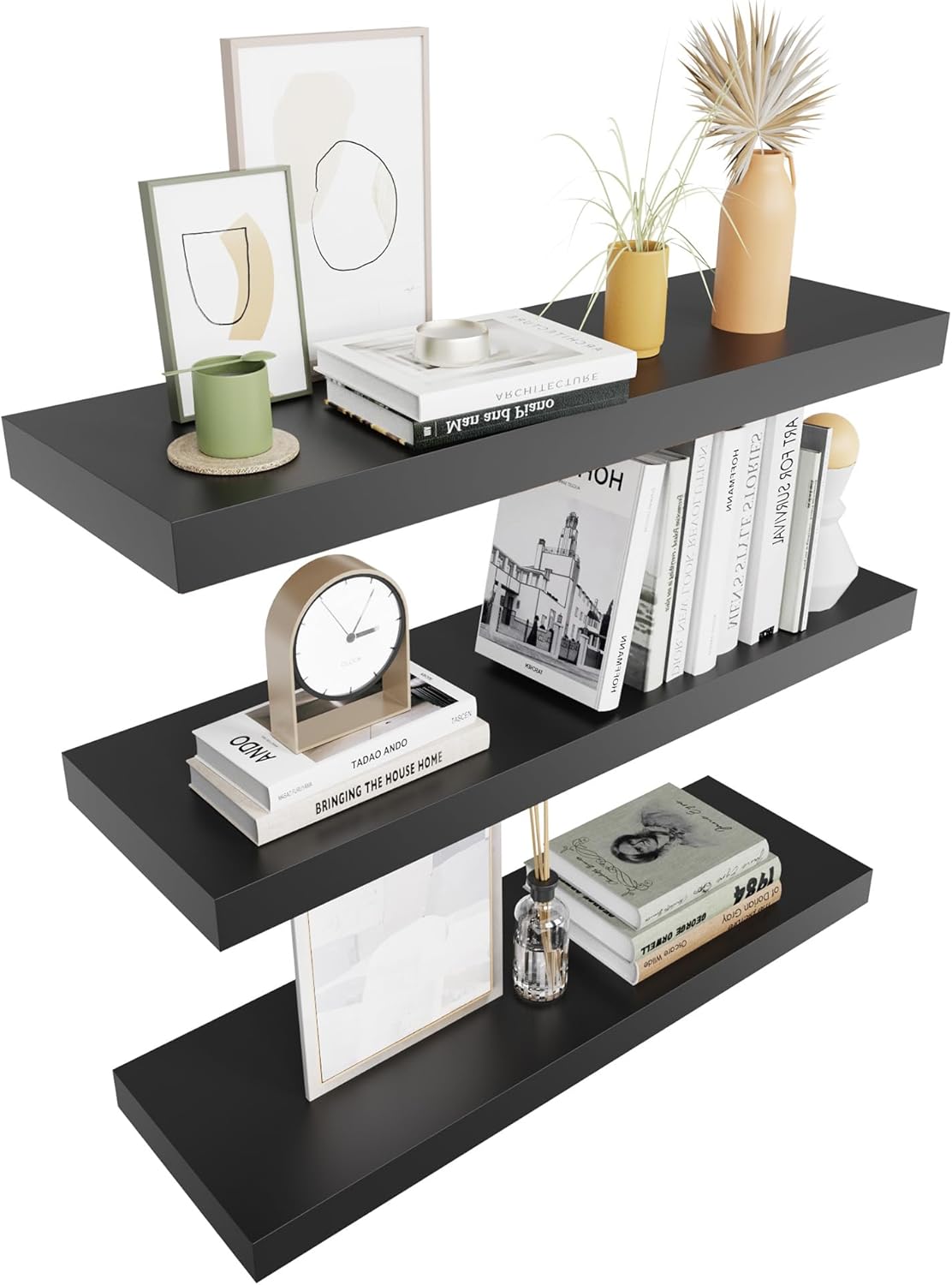 Colima Floating Wall Shelves Set of 3 Black Wood