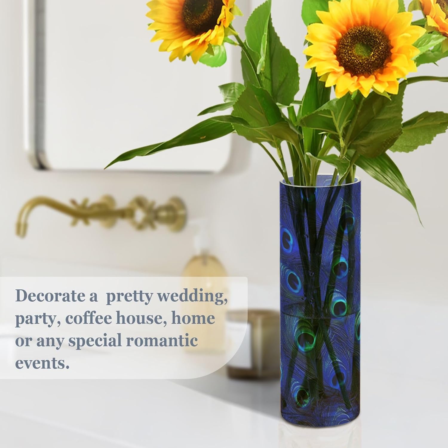 Blue Peacock Feathers Plastic Cylinder Vase 118 x 39 Inch