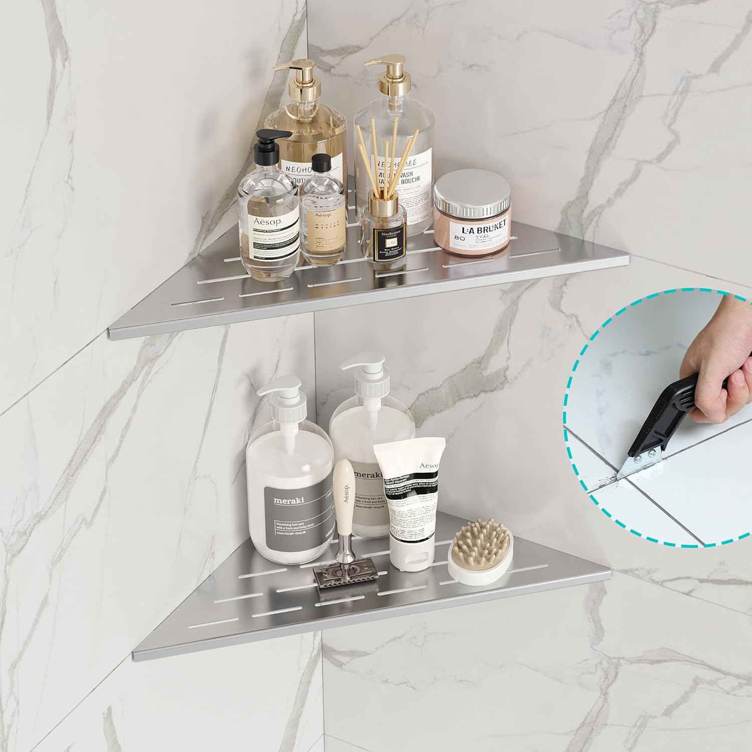 Neodrain 10 Inch Brushed Steel Corner Shelf Set of 2 No Drilling