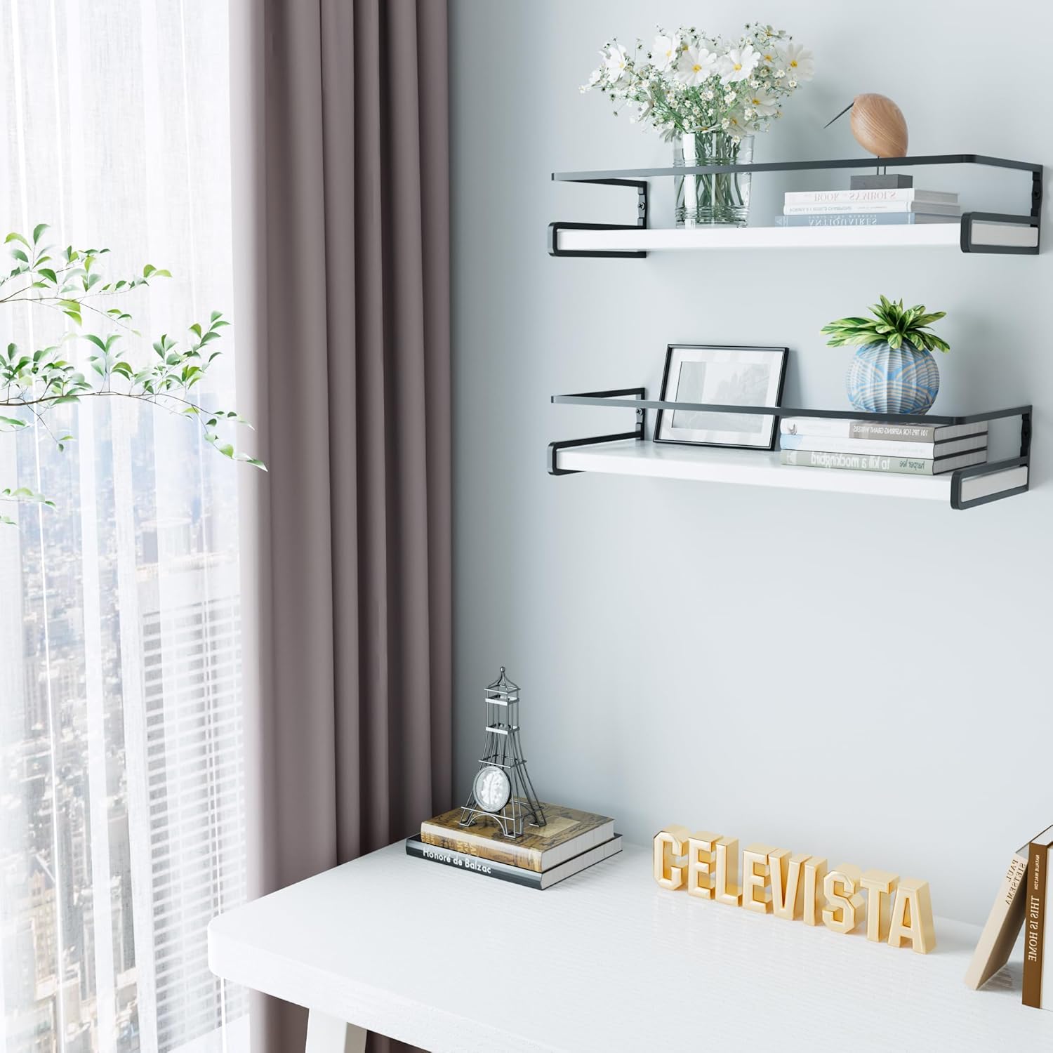 CeleVista 4 Pack Floating Shelves with Towel Bar 16 Inch