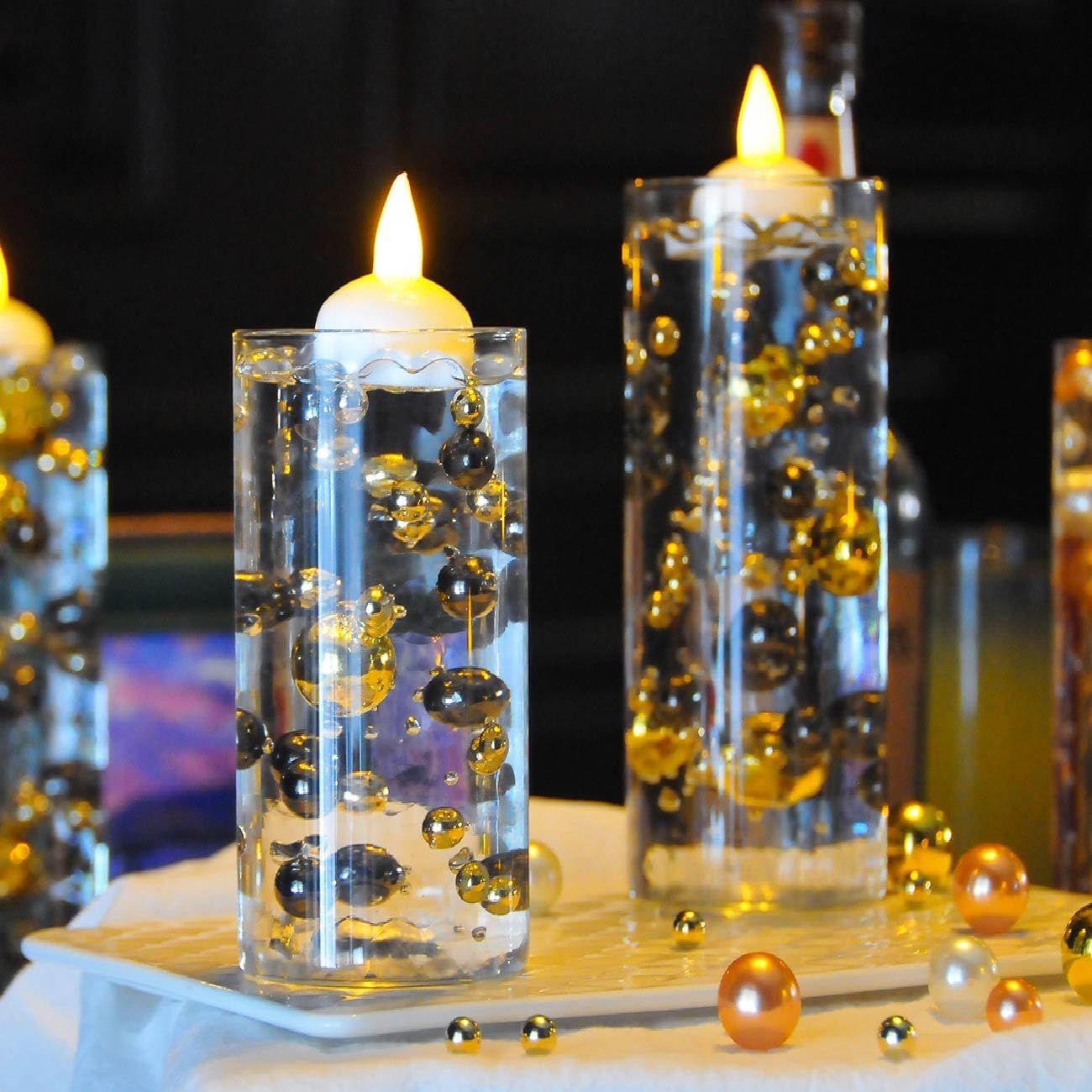 6 Set Glass Cylinder Vases with Floating Candles and Water Filler Beads