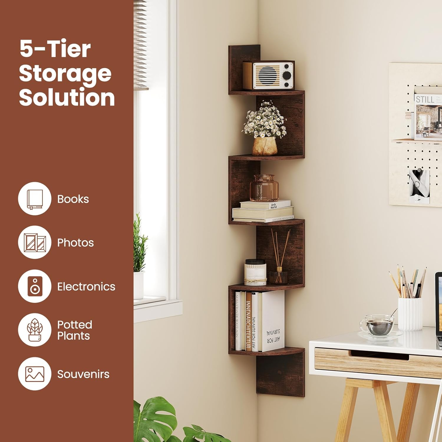 Giantex 5-Tier Floating Corner Bookshelf Wall Mounted Storage Organizer Rustic Brown