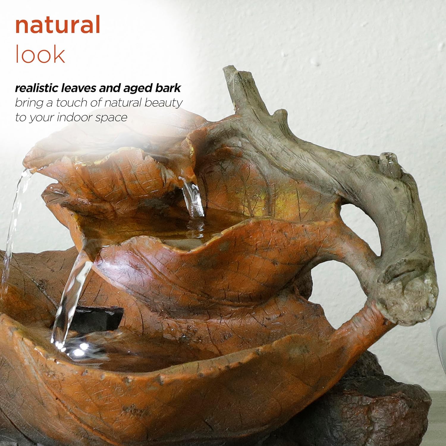 Alpine Corporation 9 Tall Indoor Tabletop Tiered Leaf Hand-Painted Fountain with LED Lights