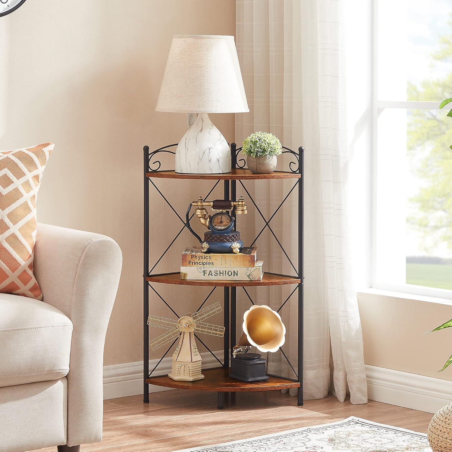 VECELO Corner Table with Storage Shelves for Compact Space