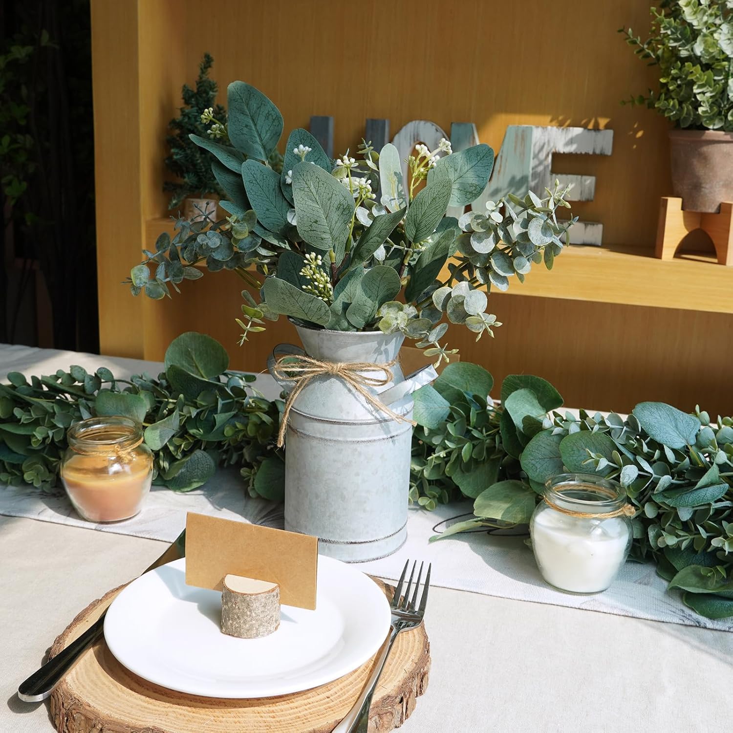 Winlyn Rustic Metal Milk Can Vase with Artificial Eucalyptus Stems