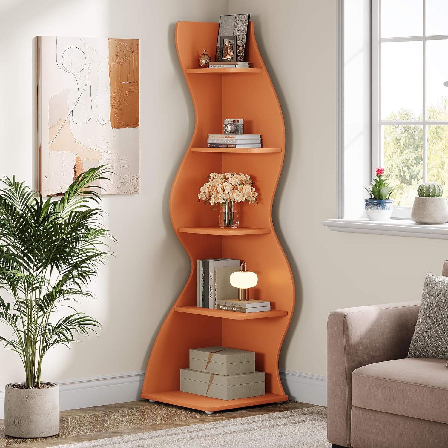 Tribesigns Wavy Corner Shelf Set of 2 Modern 5-Tier Bookshelf with Curvy Shape