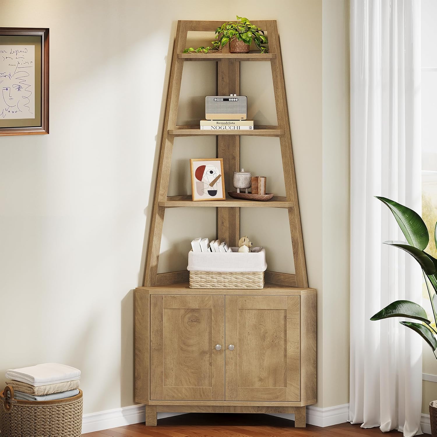 Tribesigns 709 Inch Tall Corner Shelf with Storage Cabinet