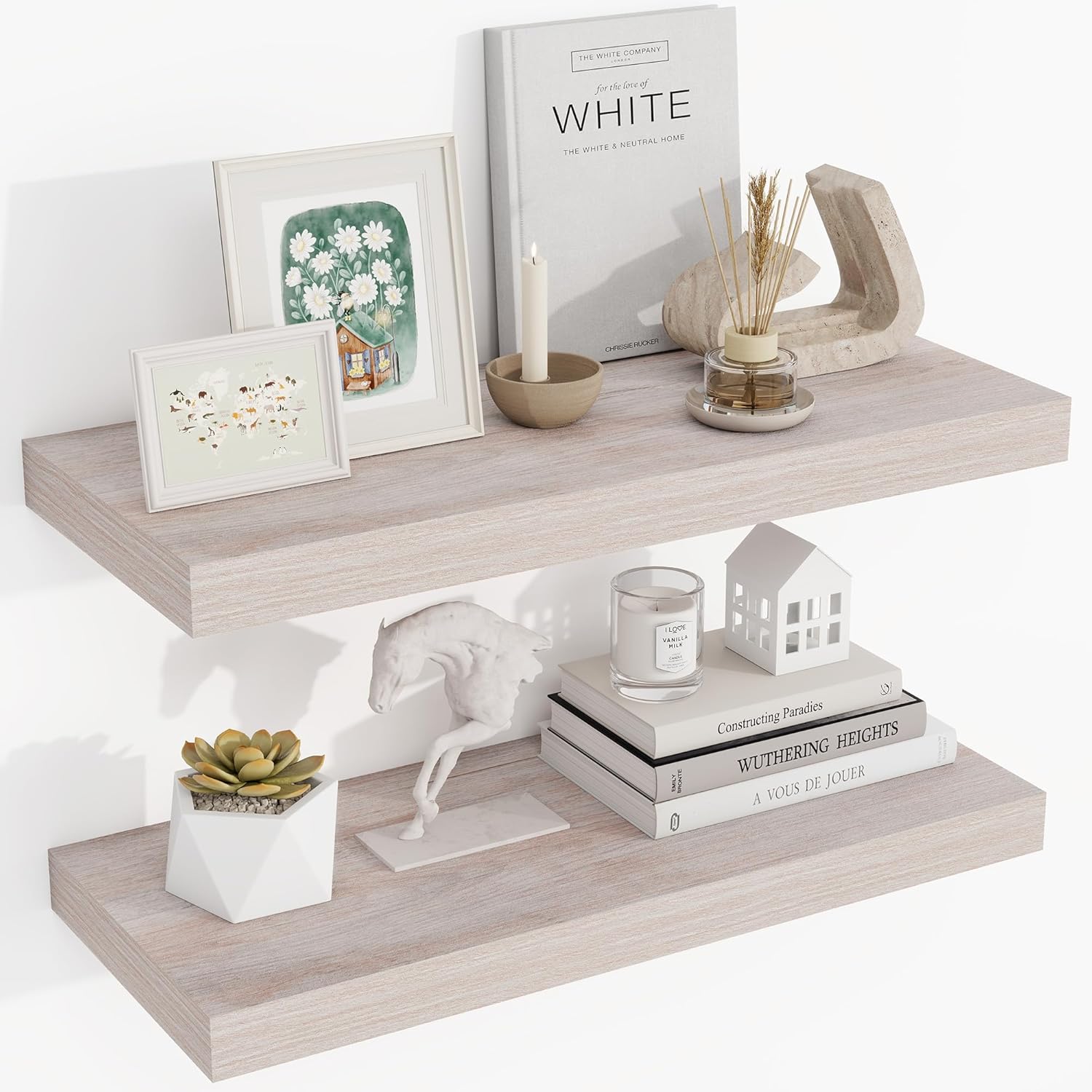 24 Inch Floating Shelves with Washed White Wood Grain