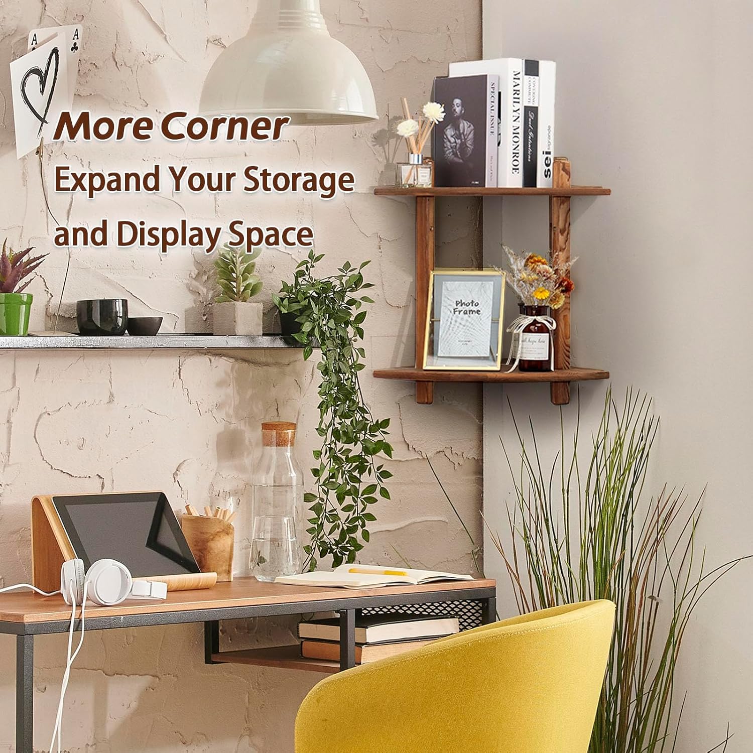 Floating Corner Shelf Wood Bookshelf for Living Room Bedroom Kitchen